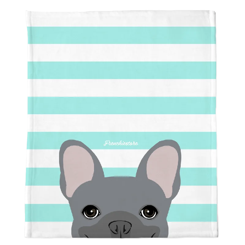 Blue French Bulldog on Aqua Stripes | Frenchie Blanket