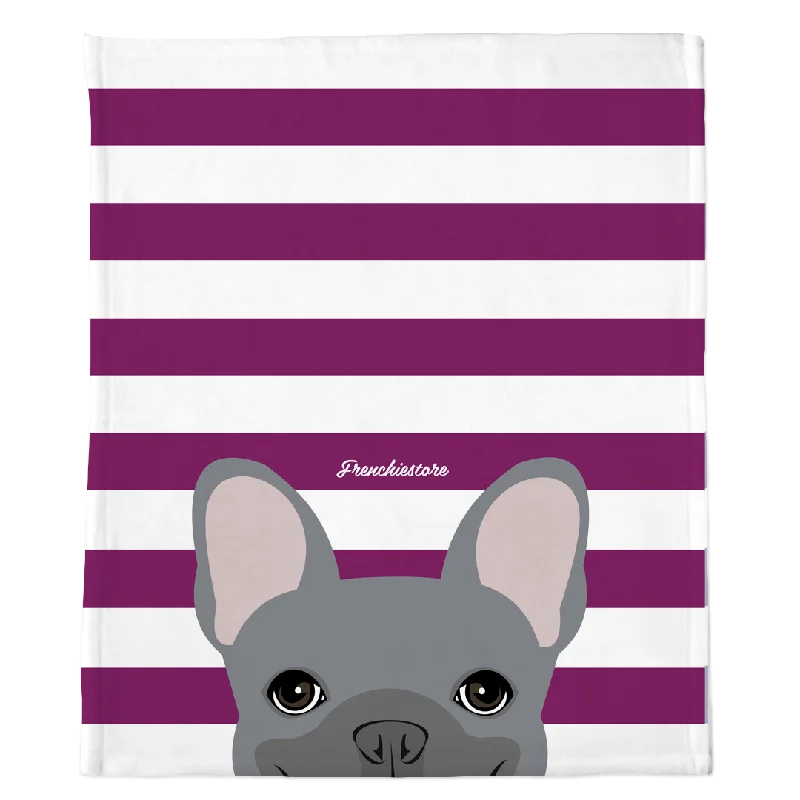 Blue French Bulldog on Beet Stripes | Frenchie Blanket