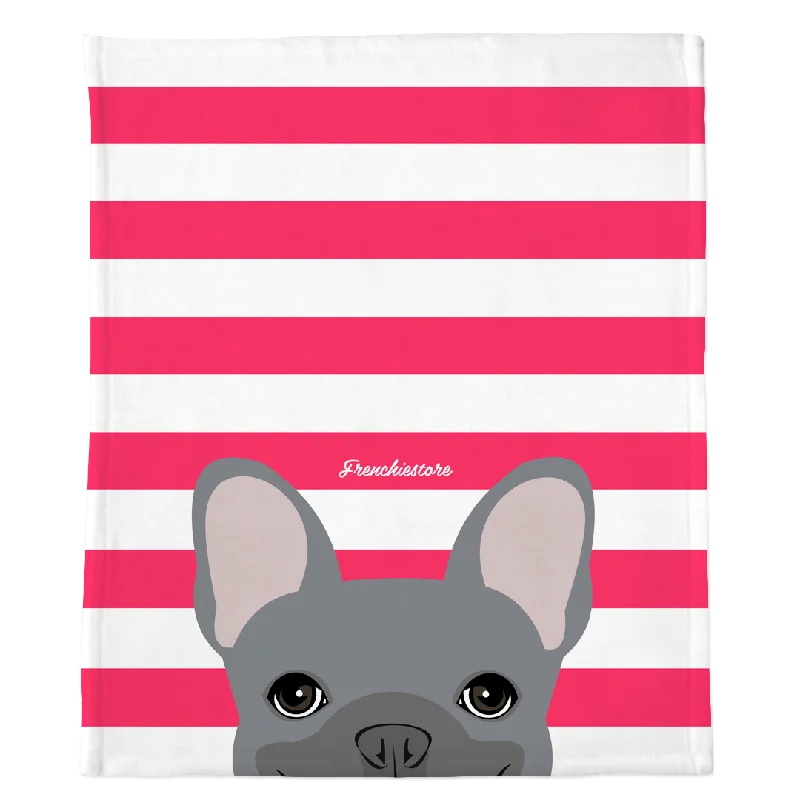 Blue French Bulldog on Hot Pink Stripes | Frenchie Blanket