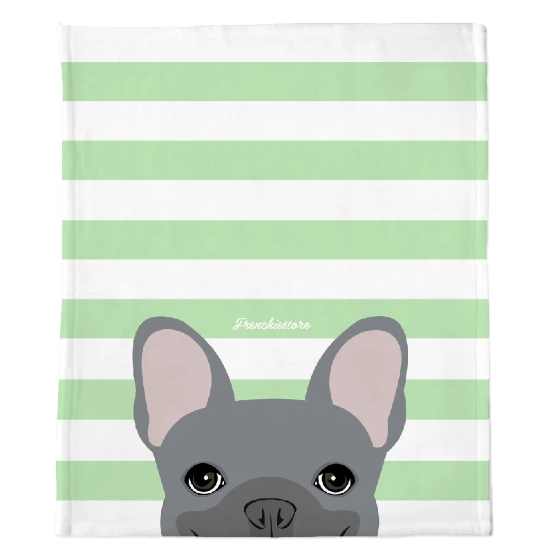 Blue French Bulldog on Mint Stripes | Frenchie Blanket