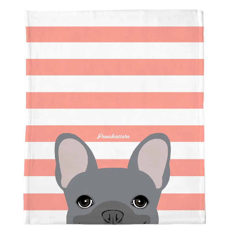 Blue French Bulldog on Peach Stripes | Frenchie Blanket