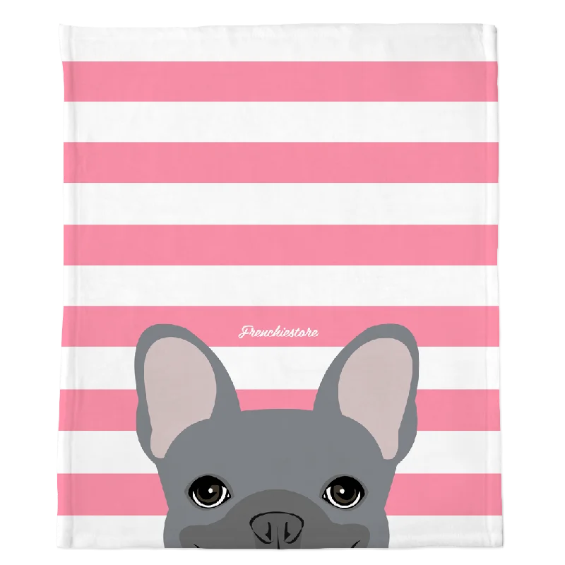 Blue French Bulldog on Pink Stripes | Frenchie Blanket