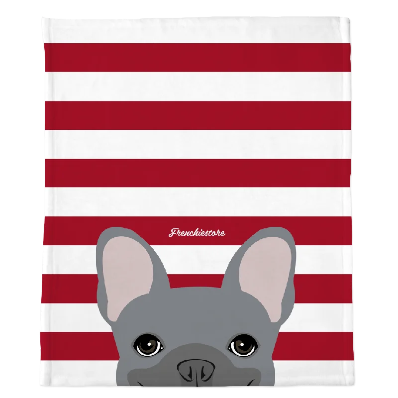 Blue French Bulldog on Red Stripes | Frenchie Blanket