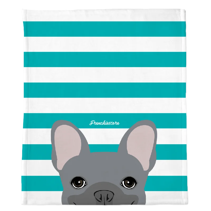 Blue French Bulldog on Teal Stripes | Frenchie Blanket