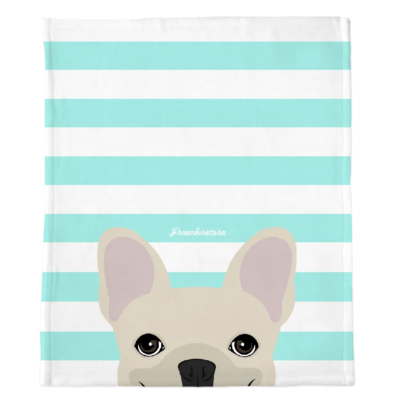 Cream French Bulldog on Aqua Stripes | Frenchie Blanket