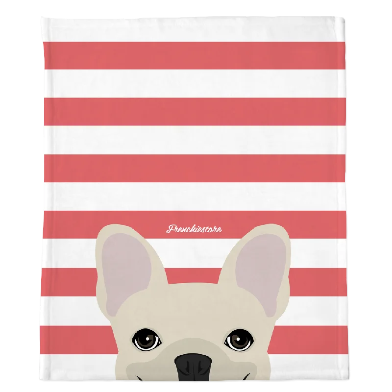 Cream French Bulldog on Coral Stripes | Frenchie Blanket