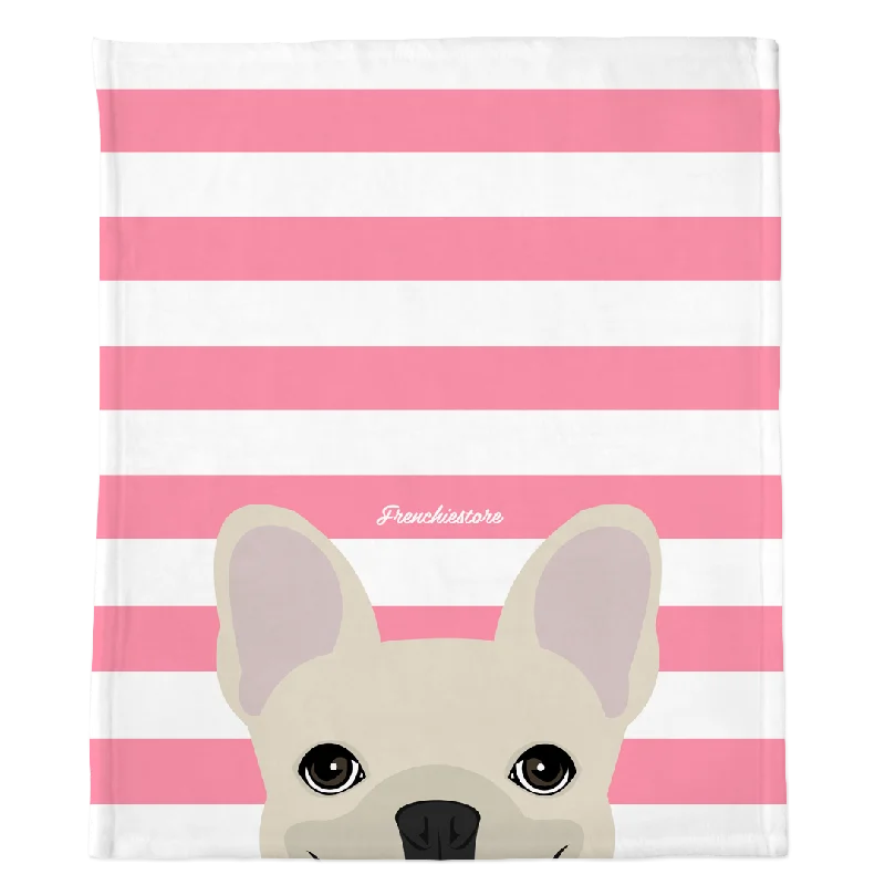 Cream French Bulldog on Pink Stripes | Frenchie Blanket