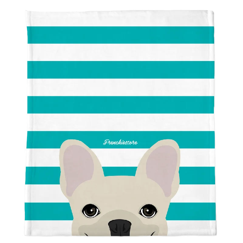 Cream French Bulldog on Teal Stripes | Frenchie Blanket