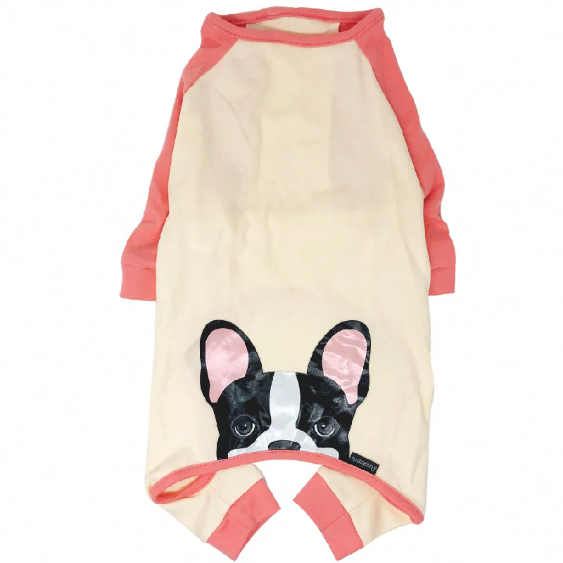 French Bulldog Pajamas in Coral | Frenchie Clothing | Black Pied Frenchie Dog