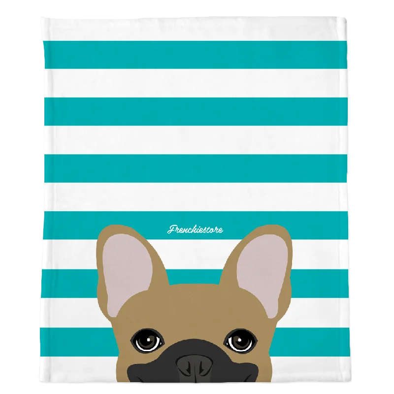 Masked Fawn French Bulldog on Teal Stripes | Frenchie Blanket