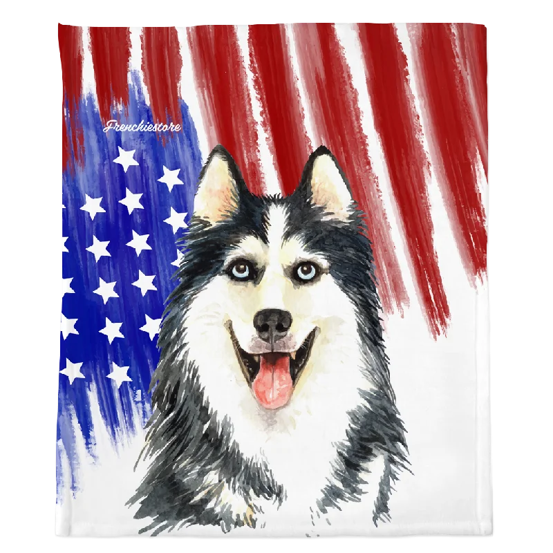 Patriotic Siberian Husky Blanket | American dog in Watercolors