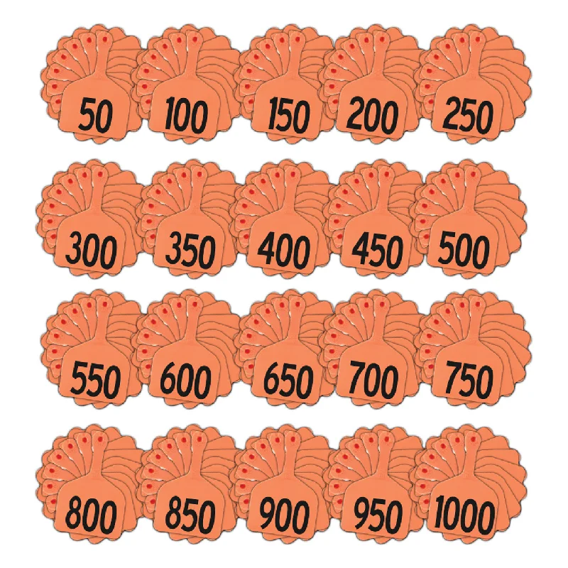 Z Tags 1 piece feedlot stamped 1-1000 in bundles of 50 (Orange)