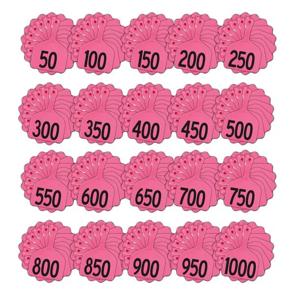 Z Tags 1 piece feedlot stamped 1-1000 in bundles of 50 (Pink)