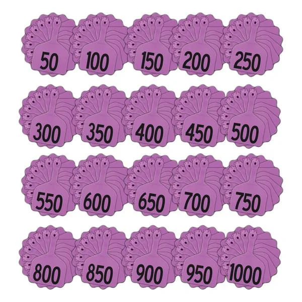 Z Tags 1 piece feedlot stamped 1-1000 in bundles of 50 (Purple)