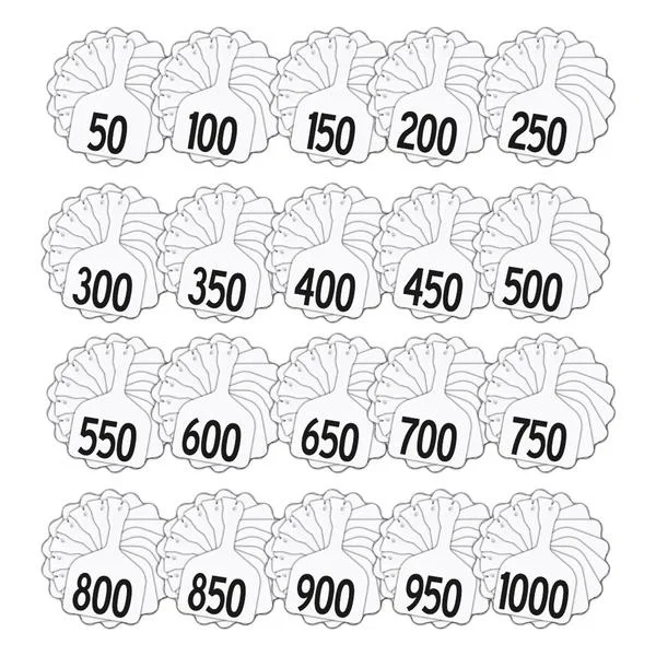 Z Tags 1 piece feedlot stamped 1-1000 in bundles of 50 (White)