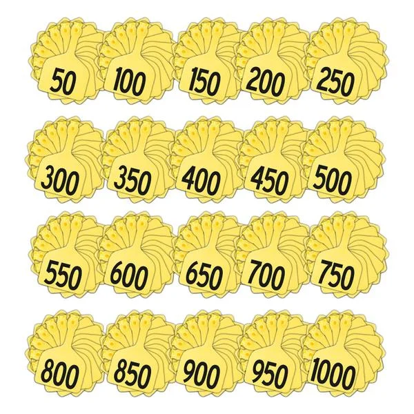 Z Tags 1 piece feedlot stamped 1-1000 in bundles of 50 (Yellow)