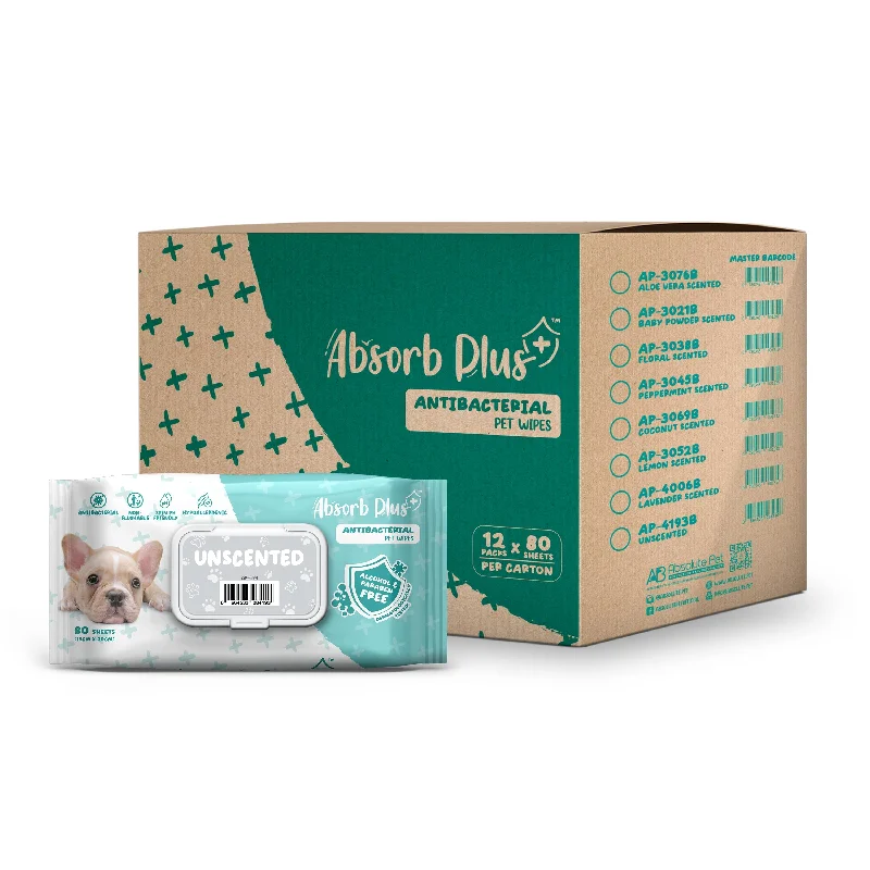 [CTN] Absorb Plus Antibacterial Pet Wipes - Unscented (80pcs x 12) | Alcohol & Paraben Free